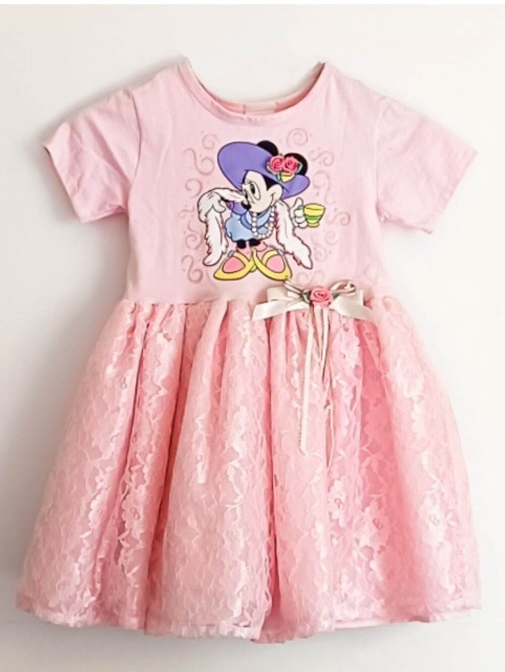New Disney Deluxe Pink Minnie Mouse Tulle Dress W/ Floral Lace Detail & Ribbon